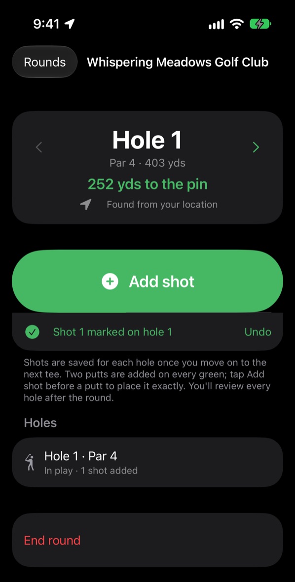 An automatically tracked round at Whispering Meadows Golf Club: hole 1 found from your location, 245 yards to the pin, Add shot, and shot 1 marked on hole 1