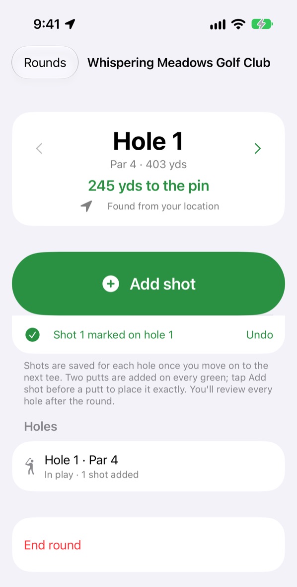 An automatically tracked round at Whispering Meadows Golf Club: hole 1 found from your location, 245 yards to the pin, Add shot, and shot 1 marked on hole 1