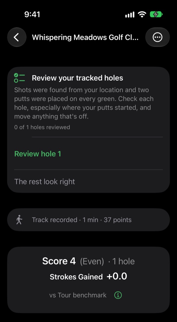 After the round: Review your tracked holes, with Review hole 1 and The rest look right