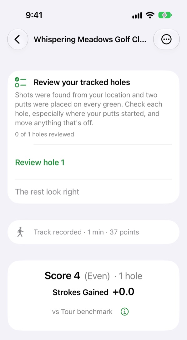 After the round: Review your tracked holes, with Review hole 1 and The rest look right