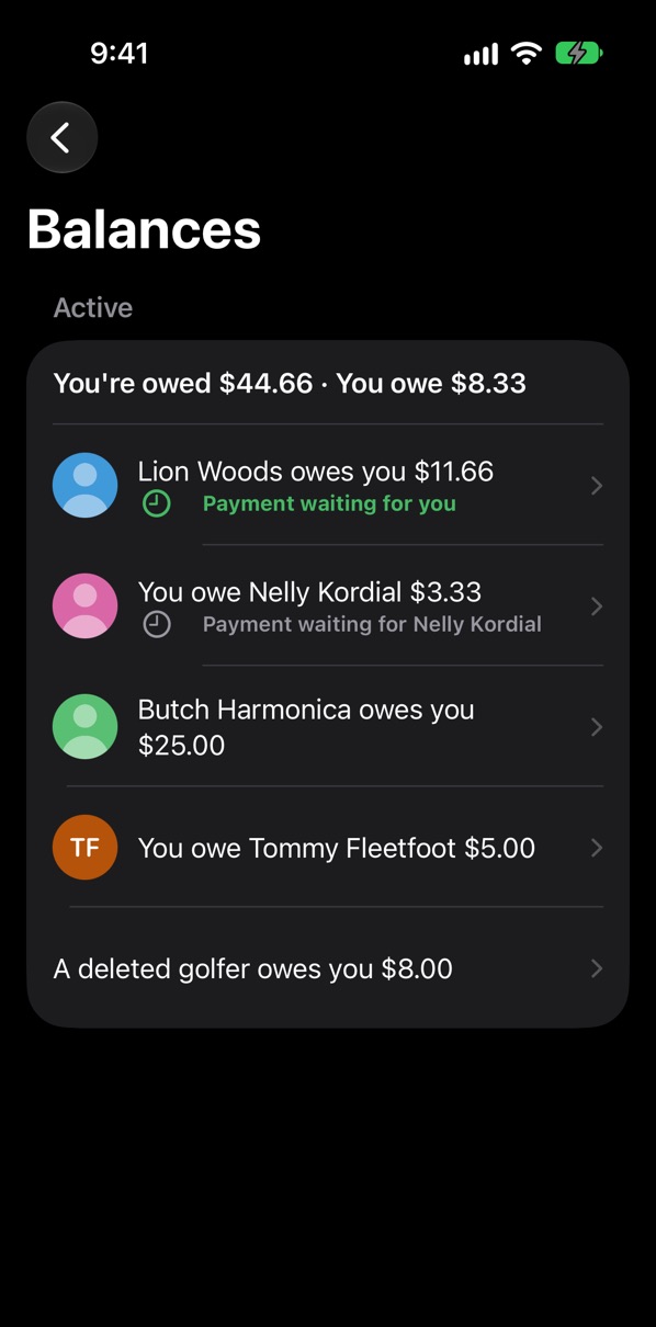Balances: owed and owing with each golfer, and payments waiting to be confirmed