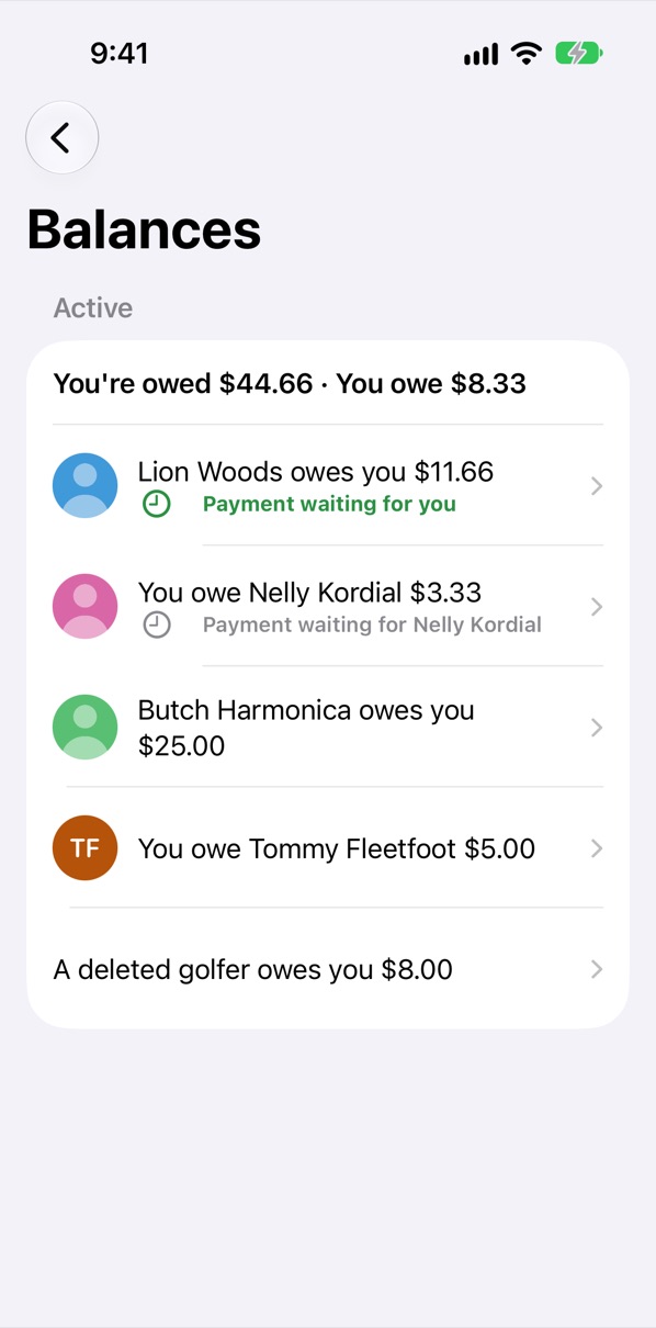 Balances: owed and owing with each golfer, and payments waiting to be confirmed