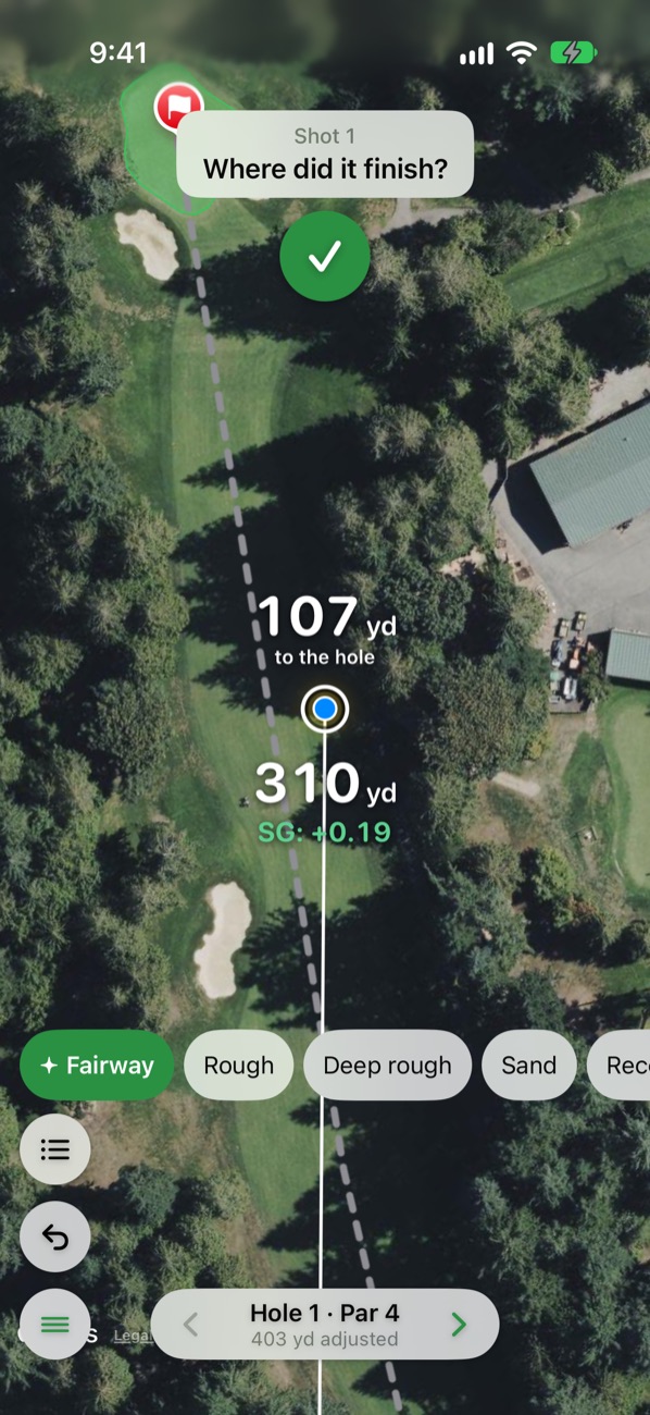 Shot plotting on Whispering Meadows Golf Club, hole 1: the tee shot placed in the fairway, 107 yards to the hole, strokes gained plus 0.19